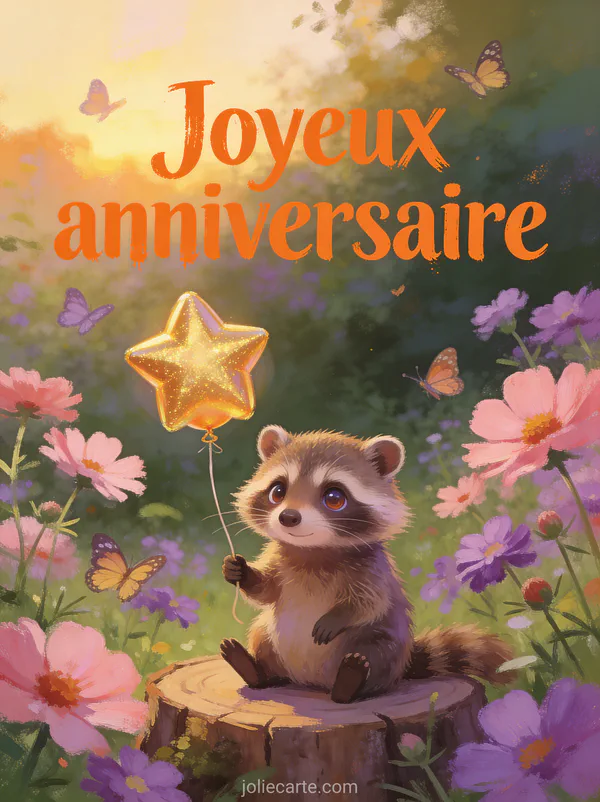 Raton laveur aux yeux malicieux tenant ballon étoile dorée sur rondin de bois dans jardin de cosmos roses et papillons