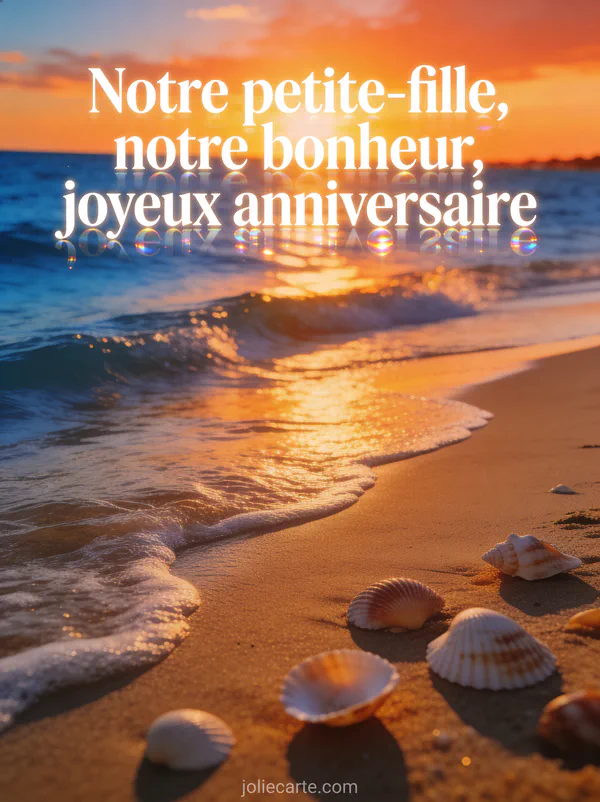 Coucher de soleil spectaculaire sur la mer avec vagues douces plage de sable et coquillages et texte anniversaire petite-fille