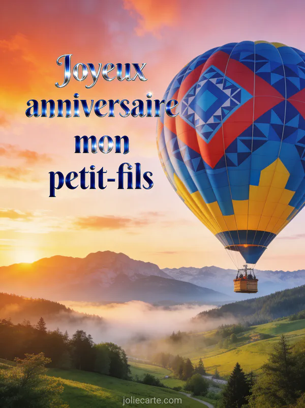 Montgolfière colorée aux motifs géométriques s'élevant au-dessus d'une vallée verdoyante au lever du soleil