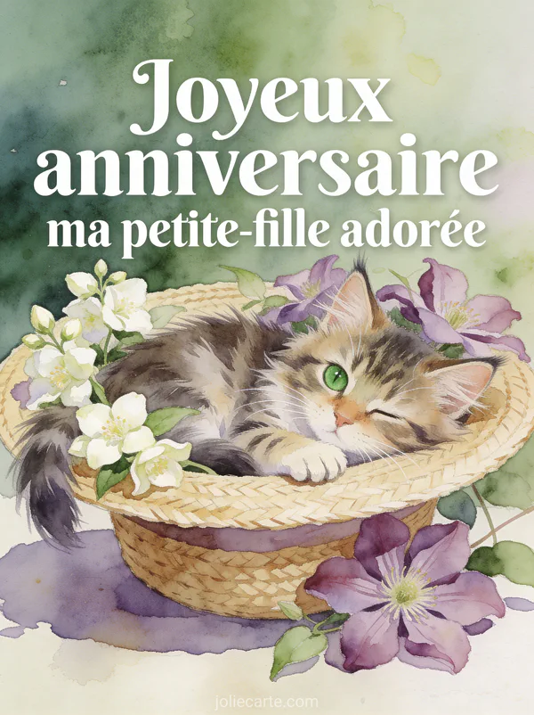 Chaton maine coon aux yeux verts endormi dans un chapeau de paille garni de jasmin et clématites mauves et texte anniversaire petite-fille