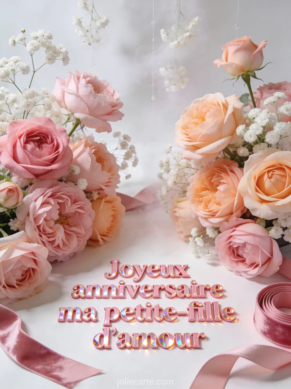 Roses garden David Austin rose ancien et pêche avec gypsophile blanc et ruban de velours rose et texte Joyeux anniversaire ma petite-fille d'amour