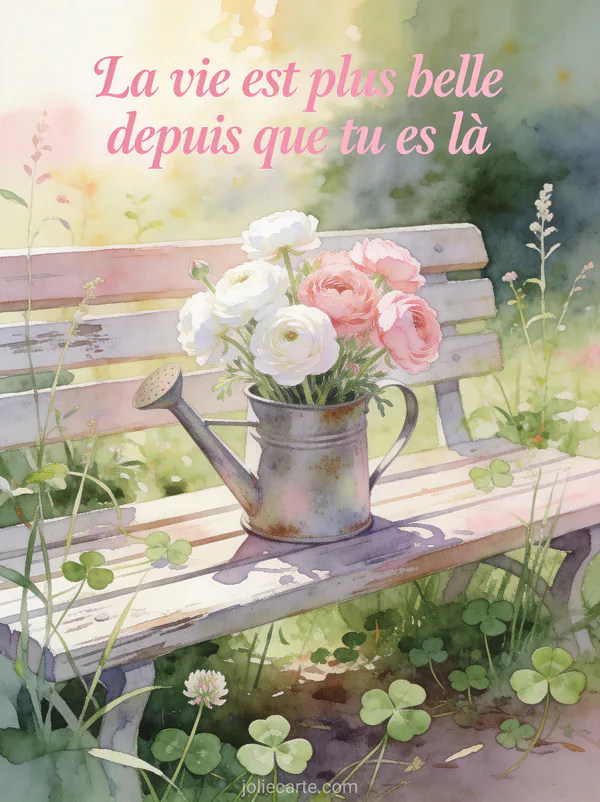 Bouquet de renoncules blanches et roses dans arrosoir zinc vintage sur banc en bois dans jardin champêtre