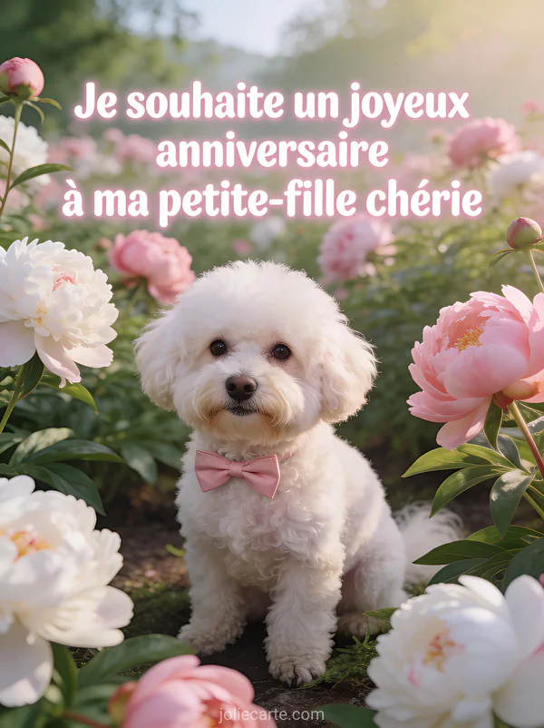 Petit bichon frisé avec nœud papillon rose assis dans un jardin de pivoines roses et blanches et texte anniversaire petite-fille