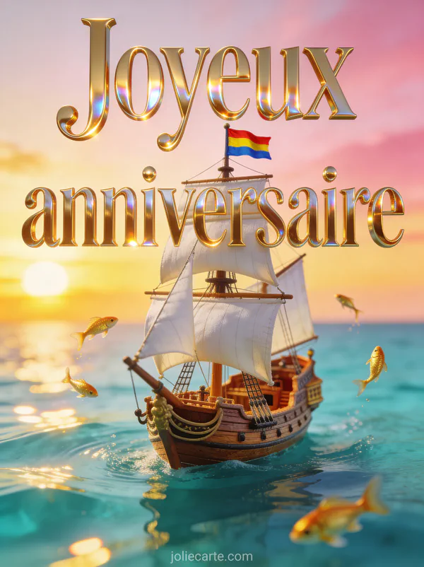 Navire pirate miniature en bois voguant sur mer turquoise au coucher du soleil avec voiles blanches et poissons dorés