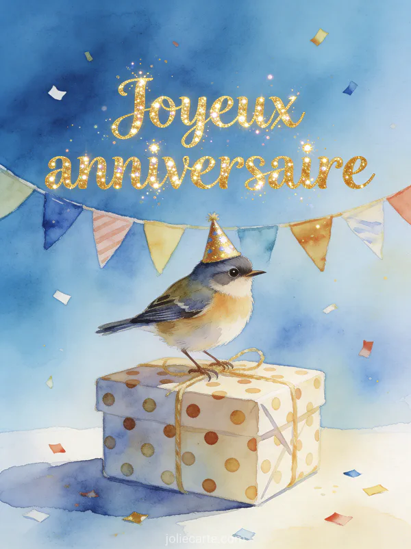 Petit moineau avec chapeau de fête perché sur un cadeau emballé à pois avec guirlande de fanions et texte Joyeux anniversaire