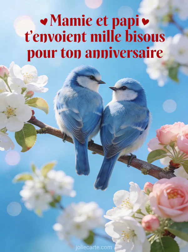 Deux mésanges bleues perchées sur branche de pommier en fleurs blanches et roses se regardant tendrement