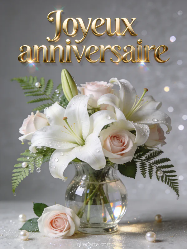 Composition de lys blancs et roses dans un vase en verre avec fougère et rosée sur fond gris perle et texte Joyeux anniversaire