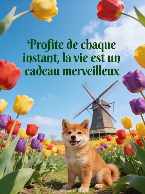 Chien shiba inu roux assis dans champ de tulipes multicolores avec moulin à vent hollandais sous ciel bleu