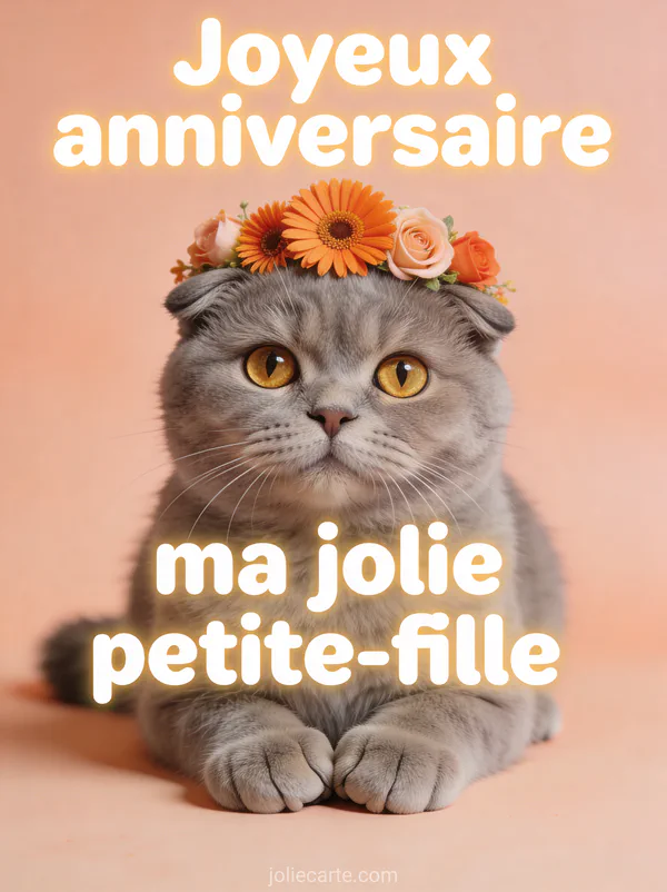 Chat scottish fold gris aux yeux dorés portant une couronne de gerberas oranges et roses sur fond pastel pêche et texte Joyeux anniversaire