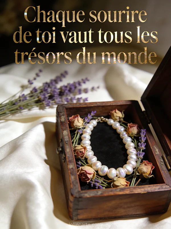 Coffret à bijoux ancien ouvert avec collier de perles roses séchées et lavande sur soie ivoire et texte anniversaire petite-fille