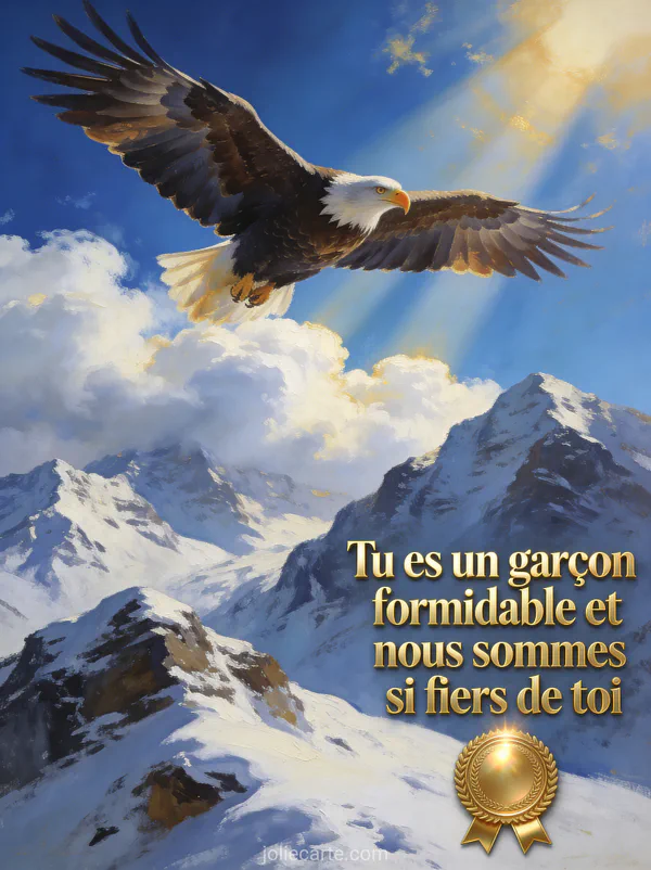 Aigle royal en vol plané majestueux au-dessus de montagnes enneigées avec rayons de soleil dorés
