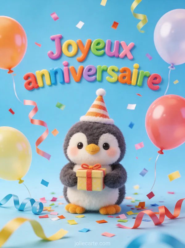 Petit pingouin en peluche avec chapeau de fête et cadeau entouré de confettis et serpentins et texte Joyeux anniversaire