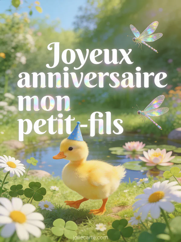 Petit caneton jaune avec chapeau de fête bleu dans jardin printanier de pâquerettes avec mare et libellules