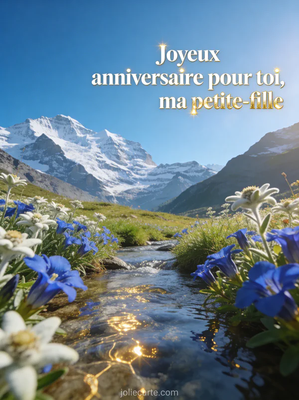 Prairie alpine en fleurs avec gentianes bleues edelweiss montagnes enneigées et ruisseau cristallin et texte Joyeux anniversaire pour toi