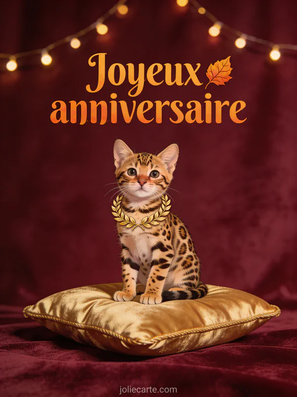 Chat bengal aux taches léopard assis sur coussin doré avec couronne de laurier et guirlandes lumineuses fond bordeaux