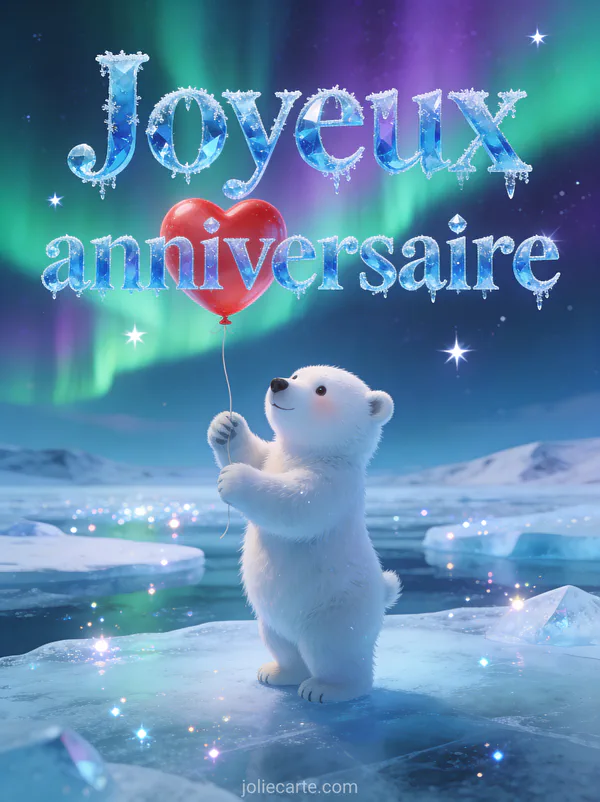 Petit ours polaire debout tenant ballon cœur rouge avec aurore boréale verte et violette et banquise scintillante