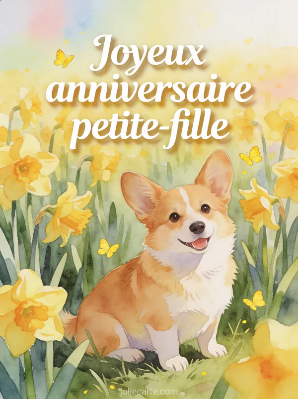 Petit corgi joyeux dans un champ de jonquilles jaunes avec papillons et lumière printanière et texte Joyeux anniversaire petite-fille