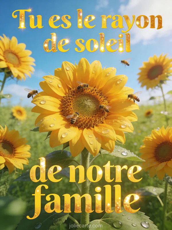 Tournesol géant avec abeilles butinant entouré de tournesols plus petits sous ciel bleu d'été lumineux