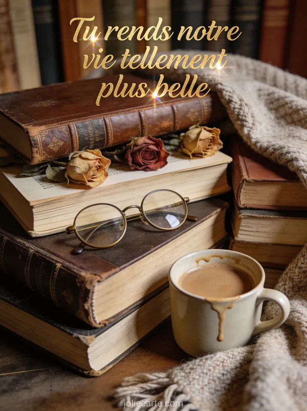 Livres anciens reliés cuir avec roses séchées lunettes vintage tasse de café et plaid en laine et texte anniversaire petite-fille