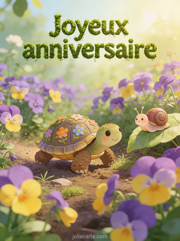 Petite tortue de terre à carapace décorée de fleurs dans jardin de pensées violettes et jaunes avec escargot