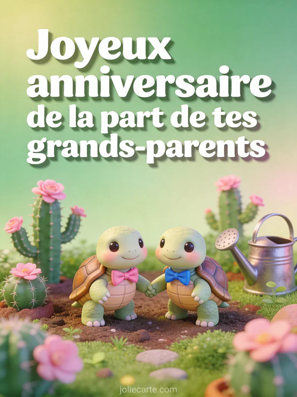 Duo de tortues avec nœuds papillon dans un jardin miniature avec cactus en fleurs et arrosoir et texte Joyeux anniversaire grands-parents