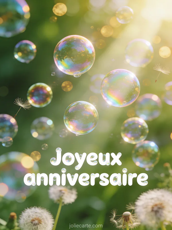 Dizaines de bulles de savon irisées flottant dans rayon de soleil avec reflets arc-en-ciel et pissenlits en graines