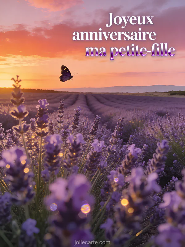 Champ de lavande de Provence au coucher du soleil tons violet et doré avec papillon et ciel orangé et texte Joyeux anniversaire
