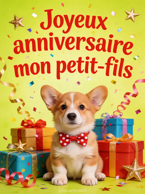 Chiot corgi avec nœud papillon rouge devant pile de cadeaux colorés avec serpentins et étoiles dorées fond jaune