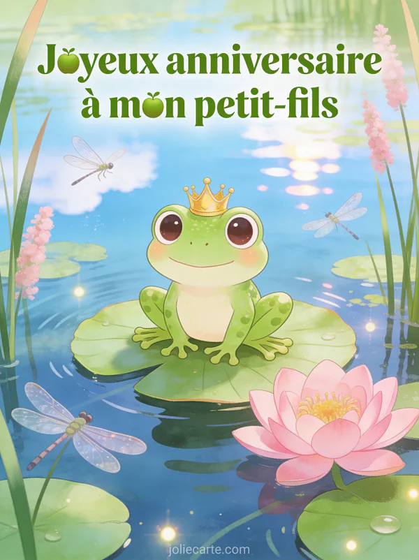 Petite grenouille verte avec couronne dorée assise sur nénuphar rose dans mare avec libellules et roseaux