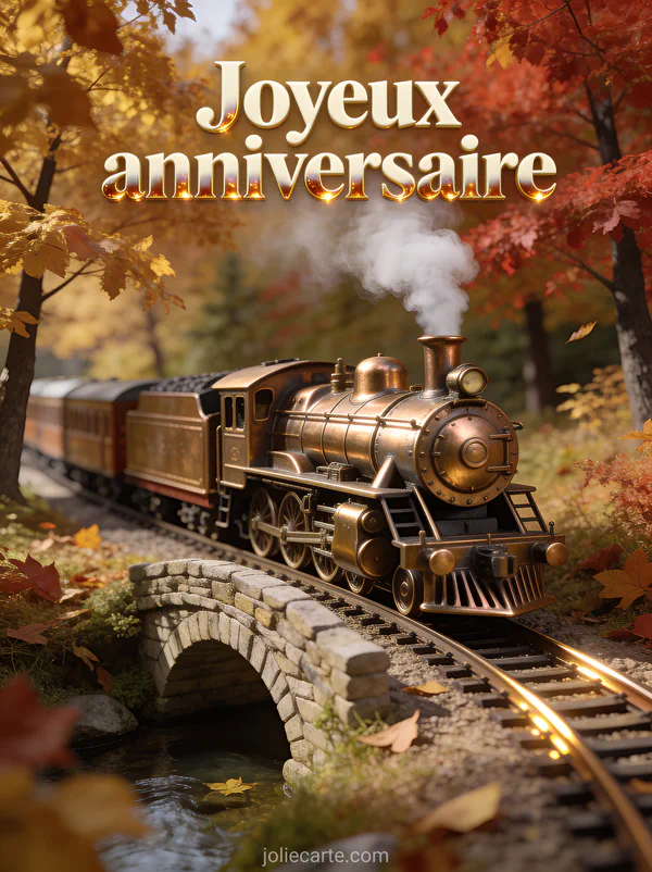 Train à vapeur miniature en laiton traversant paysage automnal avec arbres dorés et rouges et pont de pierre