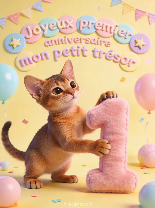 Chaton abyssin jouant avec un chiffre 1 en peluche rose entouré de ballons pastel et guirlande de fanions et texte premier anniversaire
