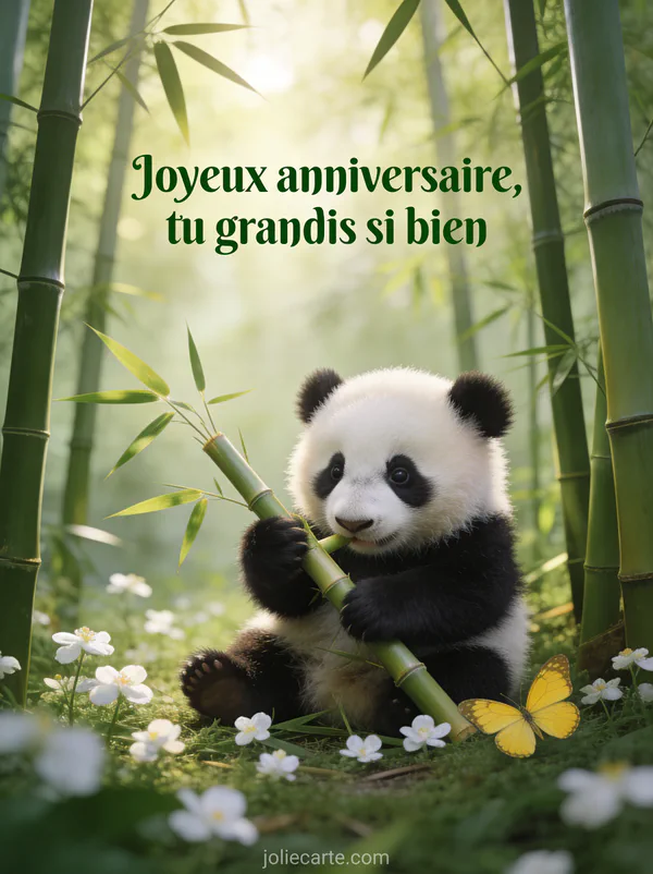 Bébé panda noir et blanc jouant avec bambou dans bosquet vert avec fleurs blanches et papillon jaune