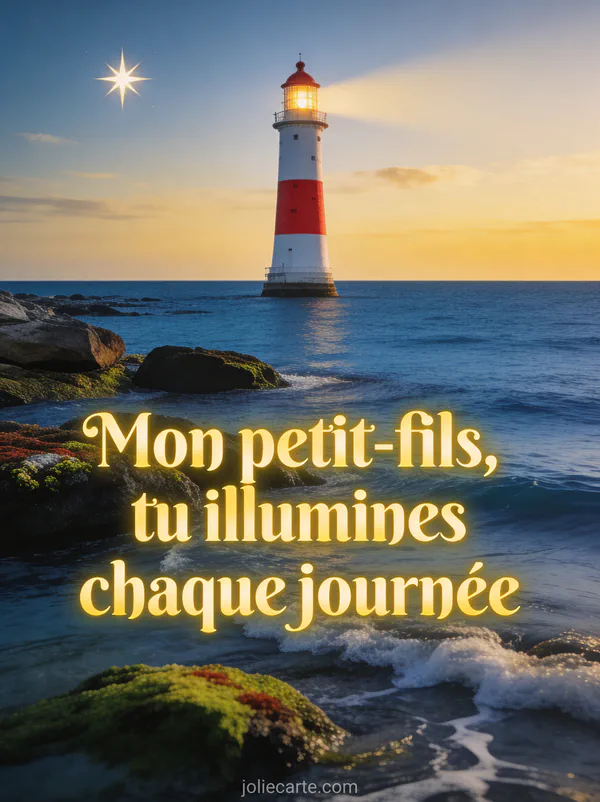Phare maritime blanc et rouge illuminé au crépuscule avec mer calme, rochers moussus et étoile du berger
