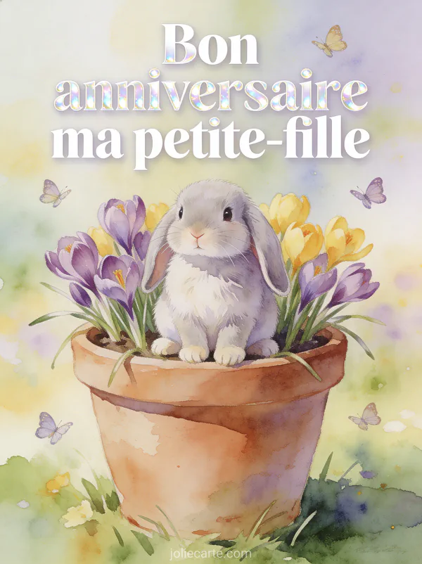 Lapin lop gris aux oreilles tombantes assis dans un pot de crocus mauves et jaunes avec papillons et texte Bon anniversaire ma petite-fille