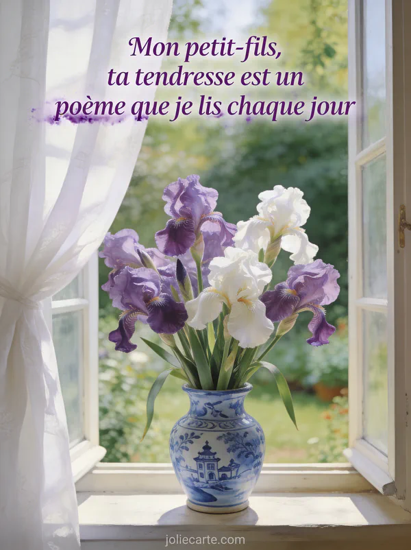 Iris violets et blancs dans vase en céramique bleu de Delft sur rebord de fenêtre avec voilages blancs