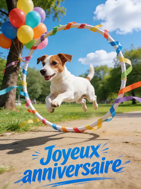 Chien jack russell blanc et brun sautant à travers cerceau décoré dans parc avec ballons et ciel bleu