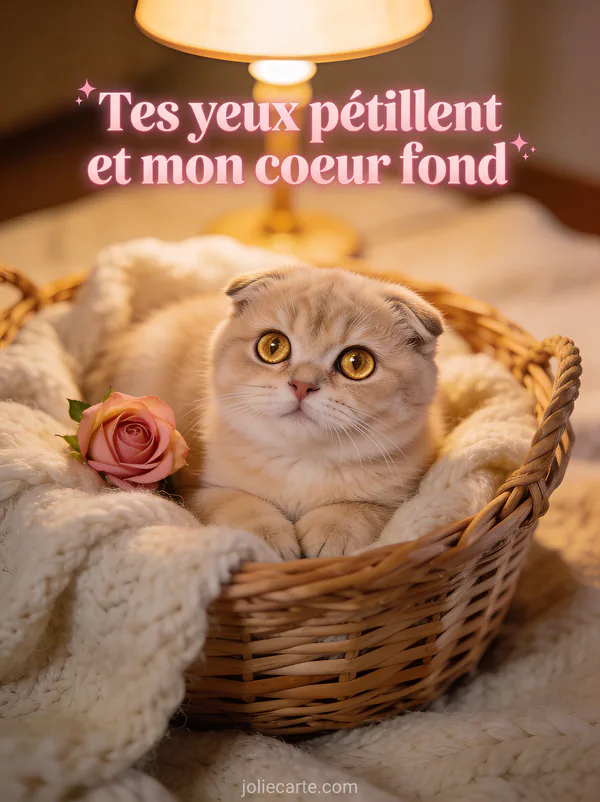 Chat scottish fold crème aux yeux dorés pelotoné dans panier en osier de laine avec petite rose rose