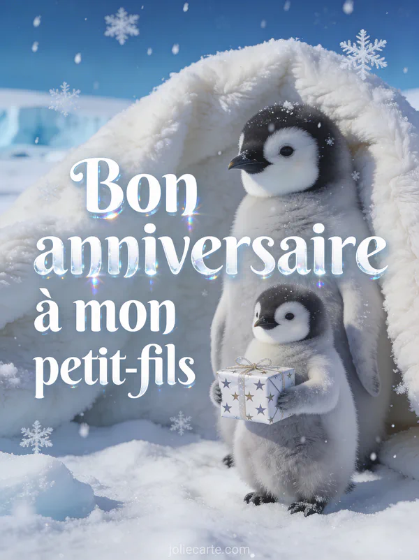 Bébé manchot empereur au duvet gris avec cadeau étoilé sous flocons de neige sur fond bleu arctique