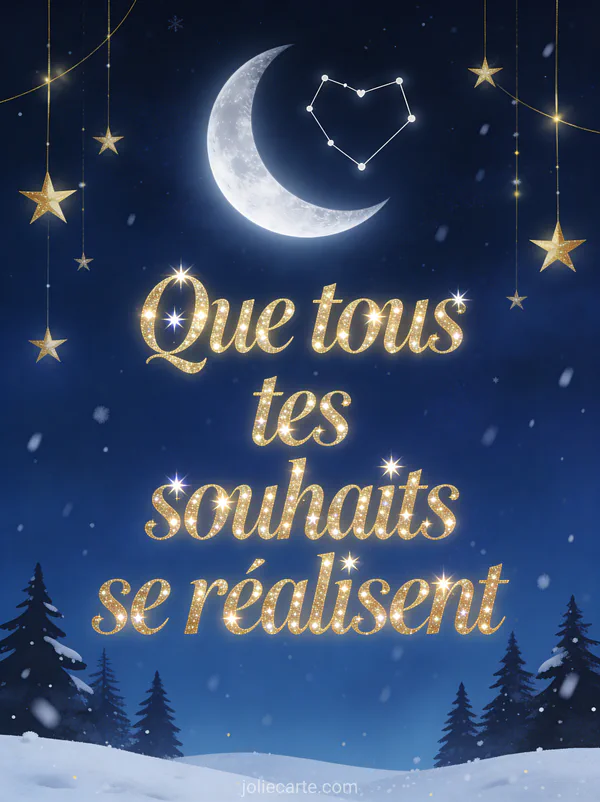 Ciel nocturne bleu profond avec étoiles filantes dorées, lune croissante argentée et silhouette de sapins enneigés