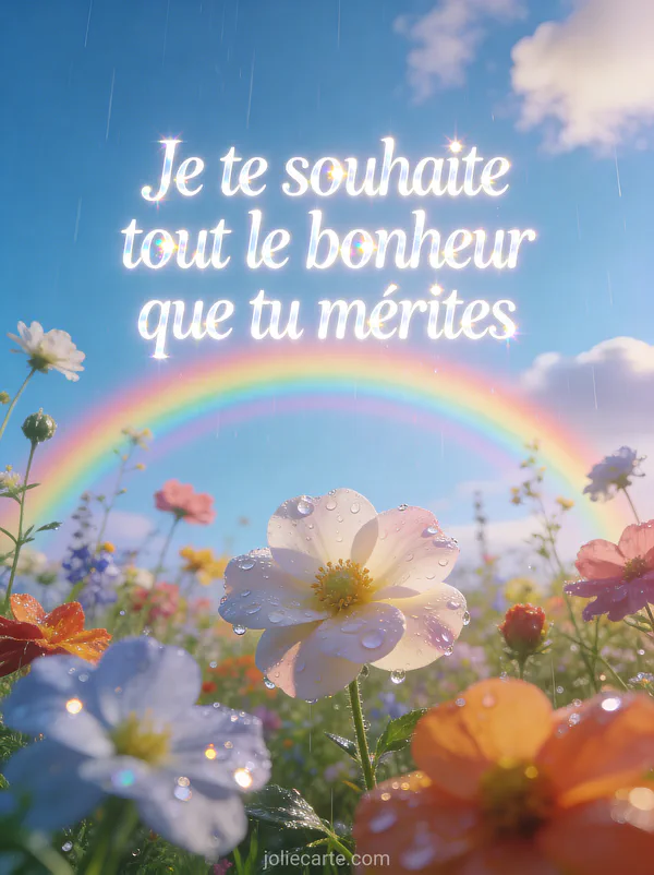 Arc-en-ciel complet au-dessus d'un champ de fleurs sauvages multicolores avec gouttes d'eau et ciel bleu et texte anniversaire petite-fille