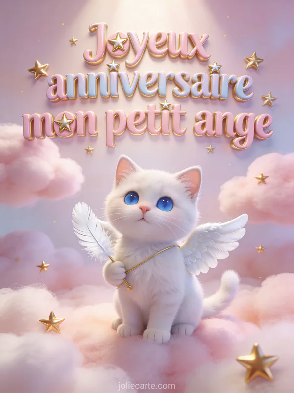 Chat blanc aux yeux bleus avec ailes d'ange en plumes blanches sur nuages roses avec étoiles dorées et texte Joyeux anniversaire mon petit ange