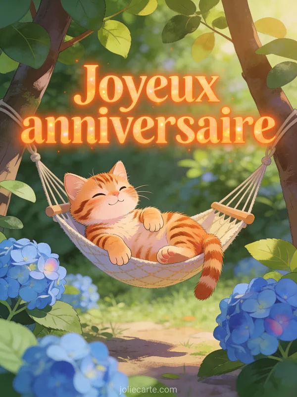 Chat roux tigré couché dans hamac miniature entre deux branches avec hortensias bleus et feuillage luxuriant