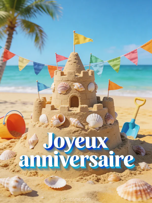 Château de sable décoré de coquillages et drapeaux colorés sur plage dorée avec mer turquoise et palmier