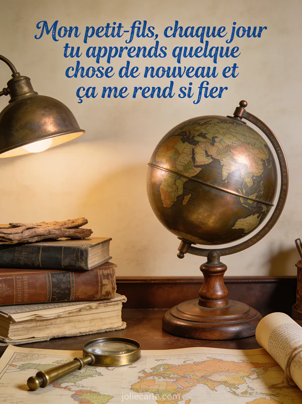 Globe terrestre en cuivre sur bureau vintage avec livres anciens, loupe en laiton et carte du monde déroulée