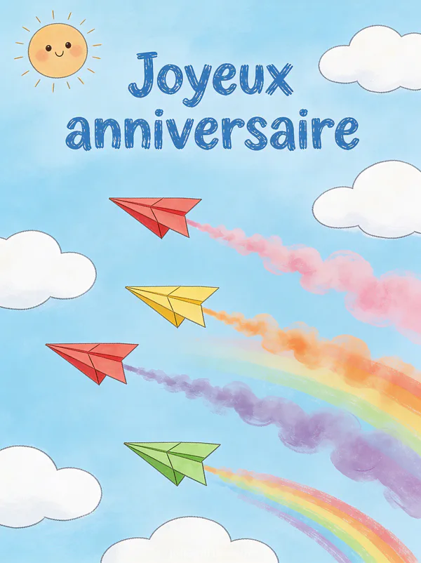 Petits avions en papier colorés volant en formation avec traînées arc-en-ciel dans ciel bleu et nuages blancs