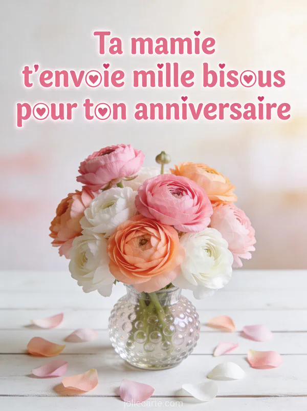 Bouquet de renoncules roses pêche et blanches dans un vase en verre bulle avec pétales sur table blanche et texte anniversaire petite-fille