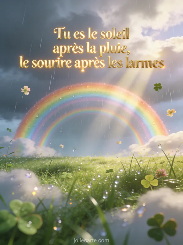 Double arc-en-ciel après la pluie au-dessus d'un pré vert avec gouttes scintillantes et rayons de soleil perçant les nuages
