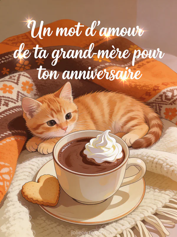 Chat tabby orange allongé à côté d'une tasse de chocolat chaud avec crème biscuit cœur et plaid et texte anniversaire petite-fille