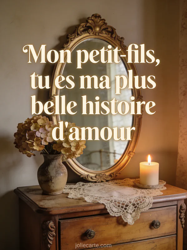 Miroir vintage doré ovale sur commode sculptée avec hortensias séchés, bougie allumée et dentelle ancienne