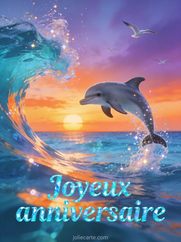 Dauphin gris sautant hors de mer bleue cristalline avec éclaboussures au coucher de soleil orange et violet